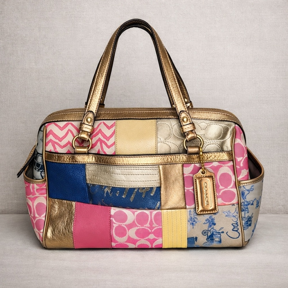 COACH Patchwork Signature Canvas Satchel Metallic Trim Top Zip Shoulder Bag